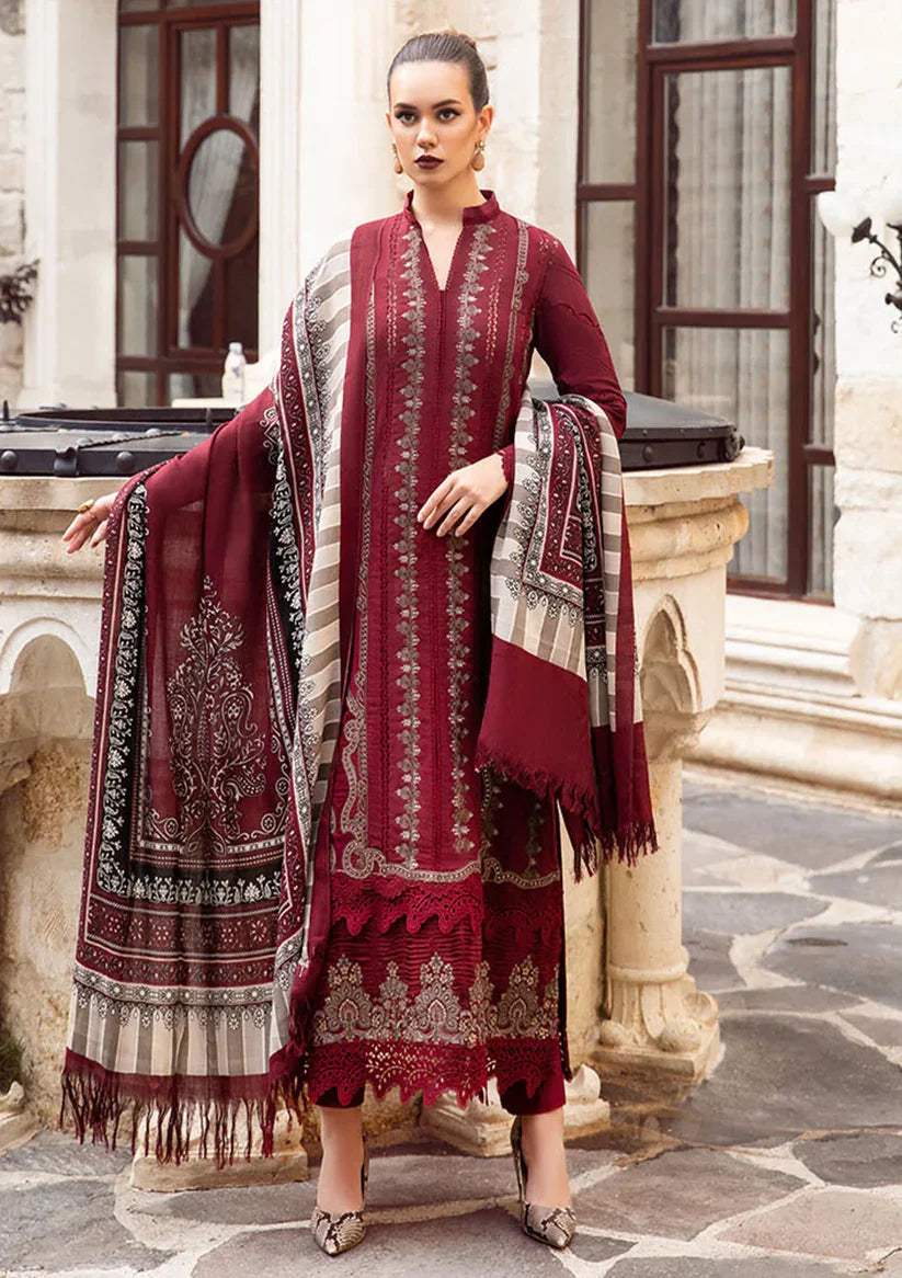 Maria B - 3PC Unstitched Dhanak Embroidered Shirt with Printed Wool Shawl and Trouser