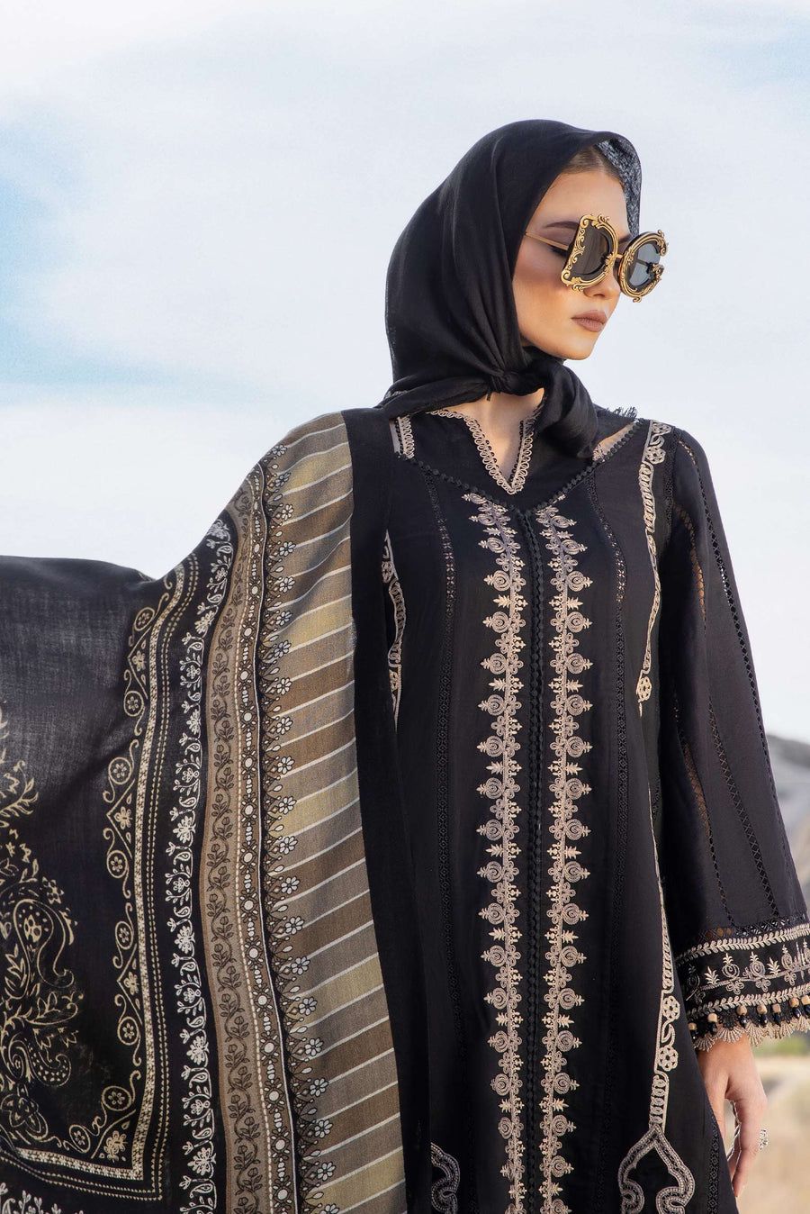 Maria B - 3PC Unstitched Dhanak Embroidered Shirt with Printed Wool Shawl and Trouser