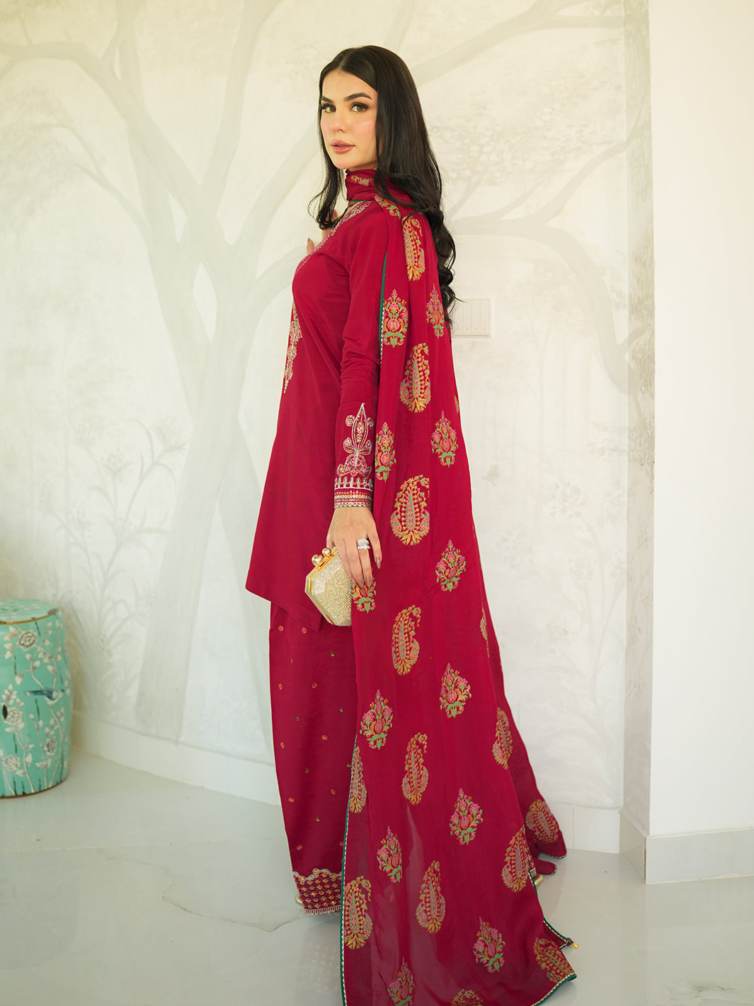 NOOR -E -KHAS Unstitched Dhanak 3PC With Printed Shawl & EMBROIDERED TROUSER