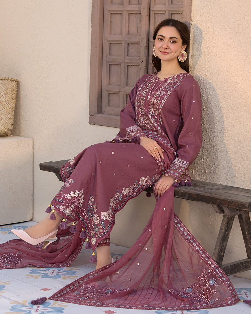 ALLY’S Unstitched Dhanak 3PC With Embroidered Shawl