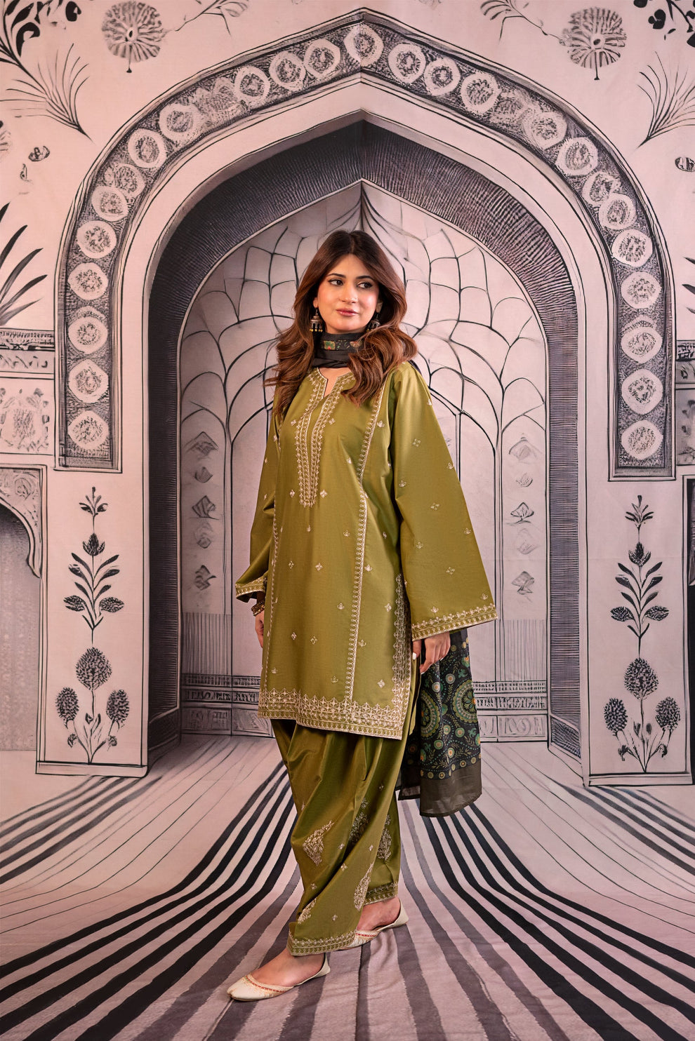 Urge - 3PC Unstitched Dhanak Embroidered Shirt with Printed Wool Shawl and Trouser