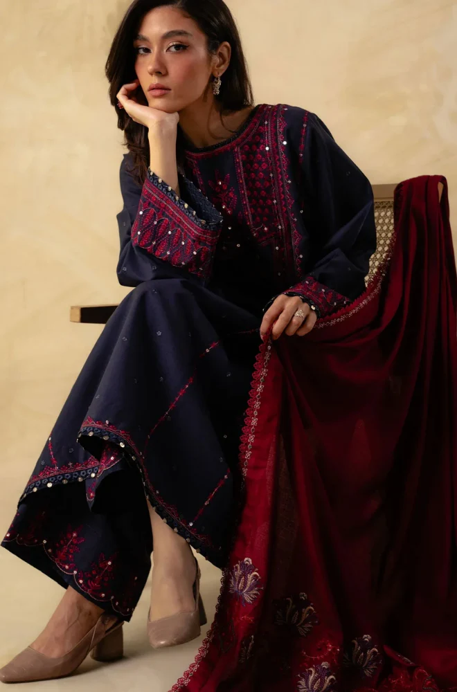 Zara Shah Jahan - 3PC Unstitched Dhanak Sequence Embroidered Shirt with Embroidered Dhanak Shawl and Trouser