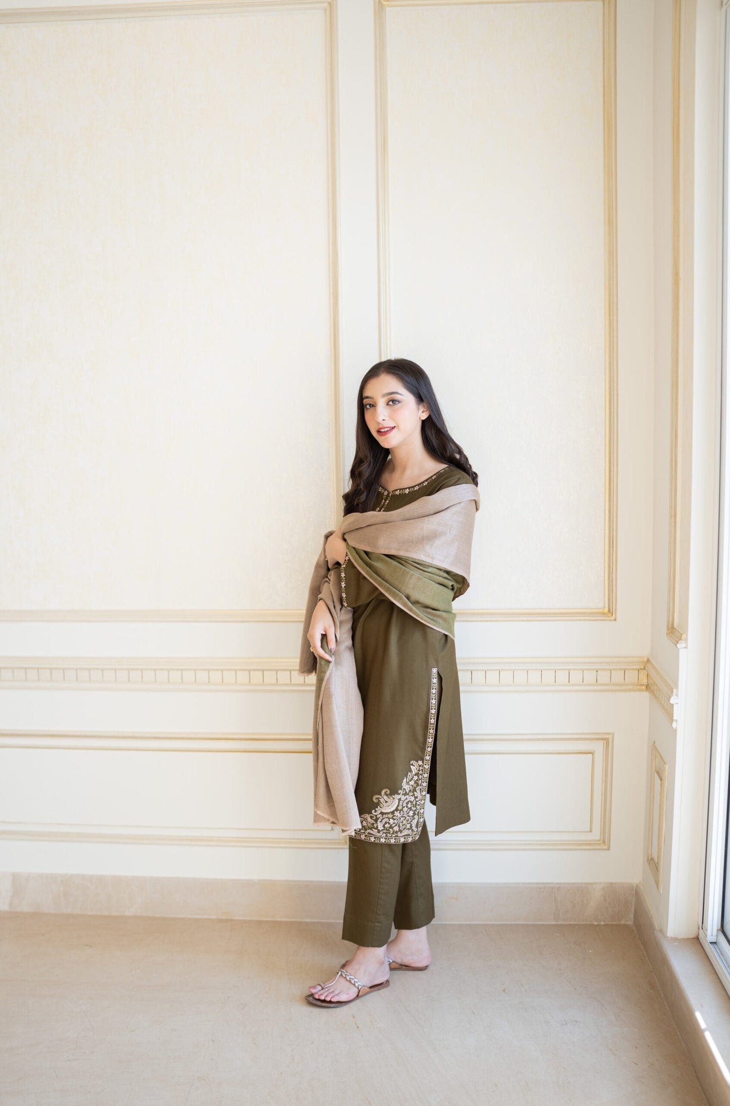 Aisling - 3PC Unstitched Dhanak Embroidered Shirt with Dhanak Shawl and Trouser