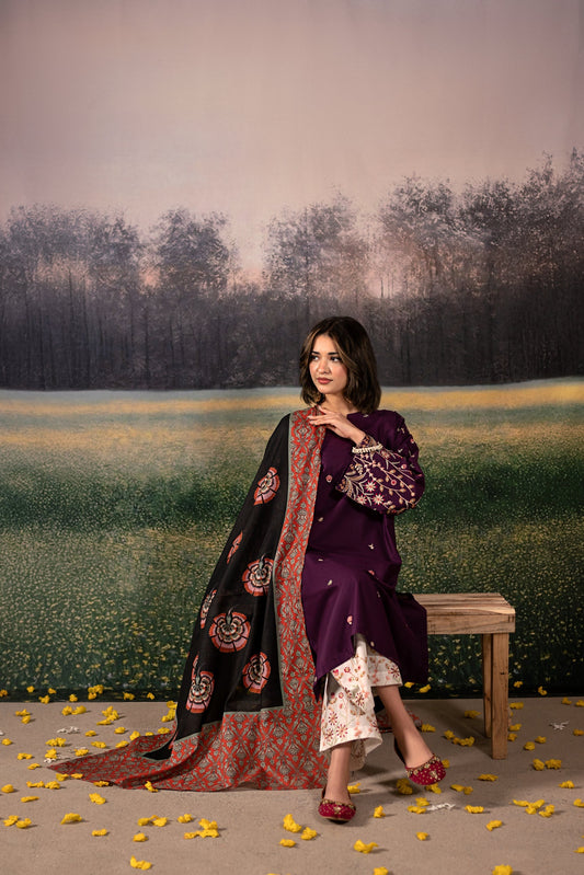 Urge - 3PC Unstitched Dhanak Embroidered Shirt with Printed Wool Shawl and Trouser