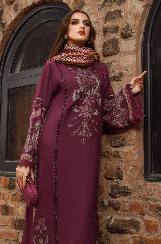 Maria B - 3PC Unstitched Dhanak Embroidered Shirt with Printed Shawl and Trouser