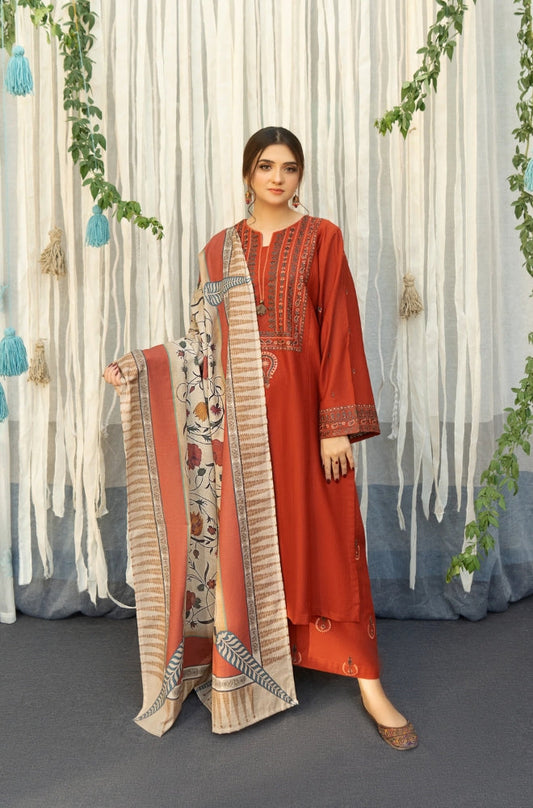 URGE - 3PC Unstitched Dhanak Embroidered Shirt with Digital Printed Pashmina Wool Shawl and Embroidered Trouser