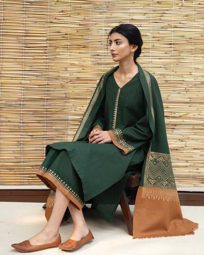 DYOT - 3PC Unstitched Dhanak Neckline Embroidered Shirt with Printed Wool Shawl and Trouser