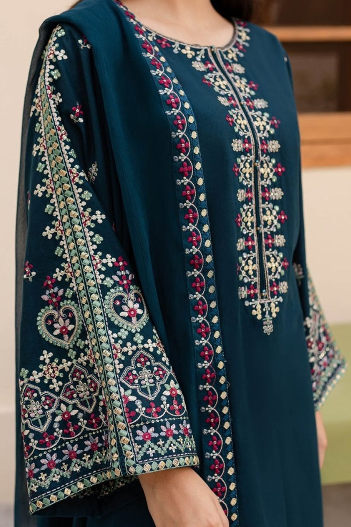 Batik - 3PC Dhanak Embroidered Shirt with Embroidered Dhanak Shawl (Unstitched)