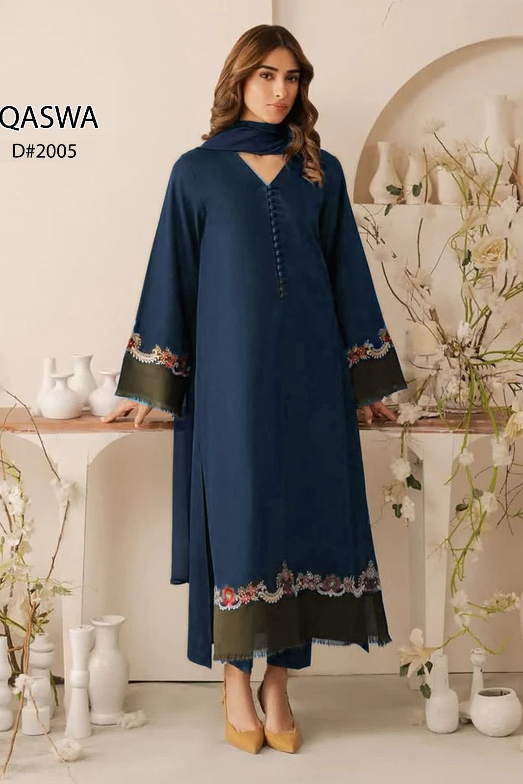 QASWA - 3PC DHANAK EMBROIDERED SHIRT WITH DHANAK SHAWL AND TROUSER (SYT-240C)