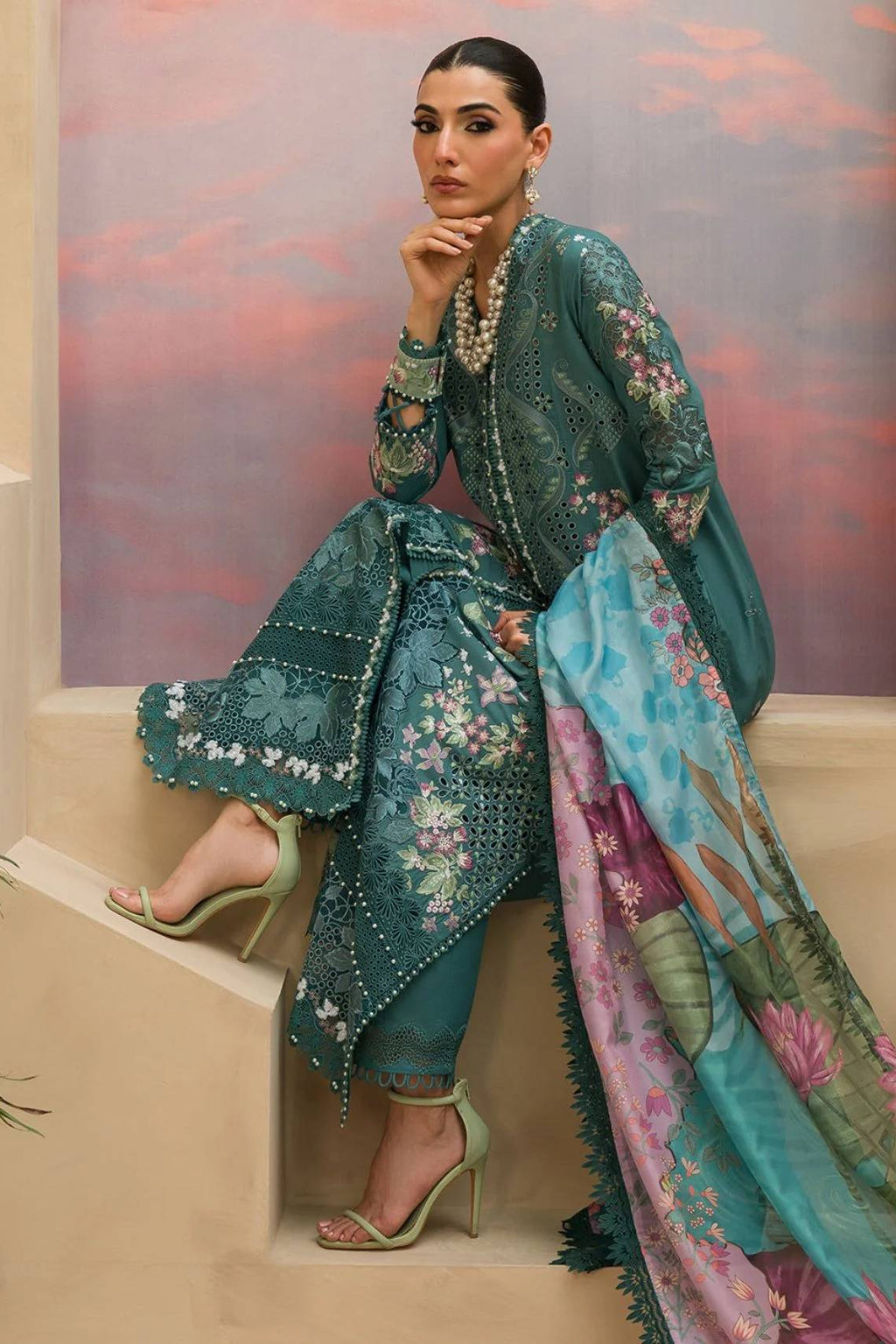 AFROZEH - 3PC LAWN EMBROIDERED SHIRT WITH PRINTED CHIFFON EMBROIDERED READY TO WEAR DUPATTA (SYT-427)