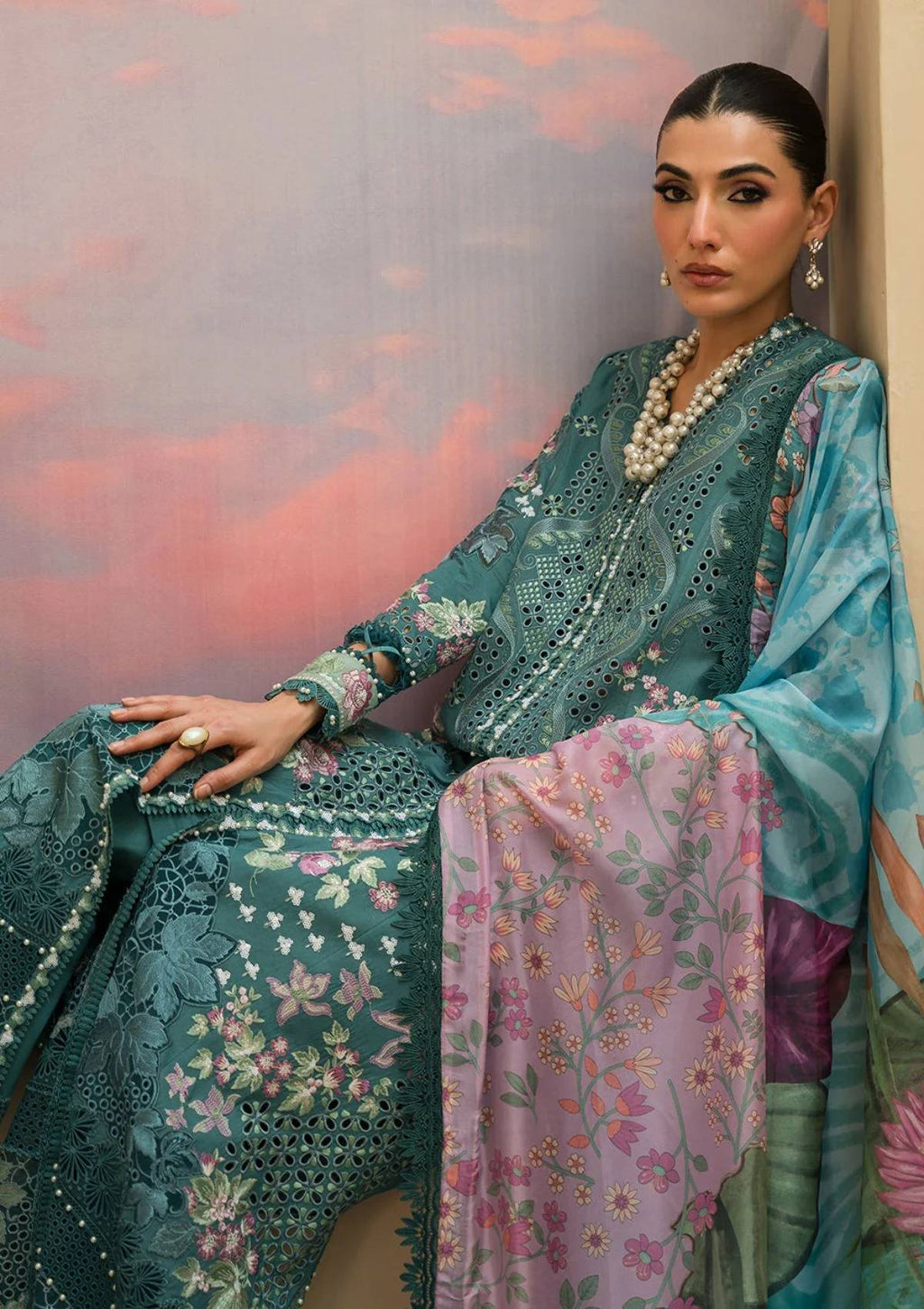 AFROZEH - 3PC LAWN EMBROIDERED SHIRT WITH PRINTED CHIFFON EMBROIDERED READY TO WEAR DUPATTA (SYT-427)
