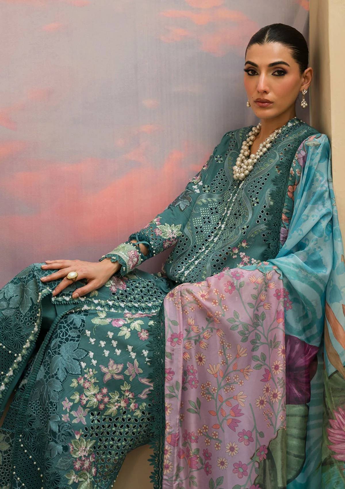 AFROZEH - 3PC LAWN EMBROIDERED SHIRT WITH PRINTED CHIFFON EMBROIDERED READY TO WEAR DUPATTA (SYT-427)