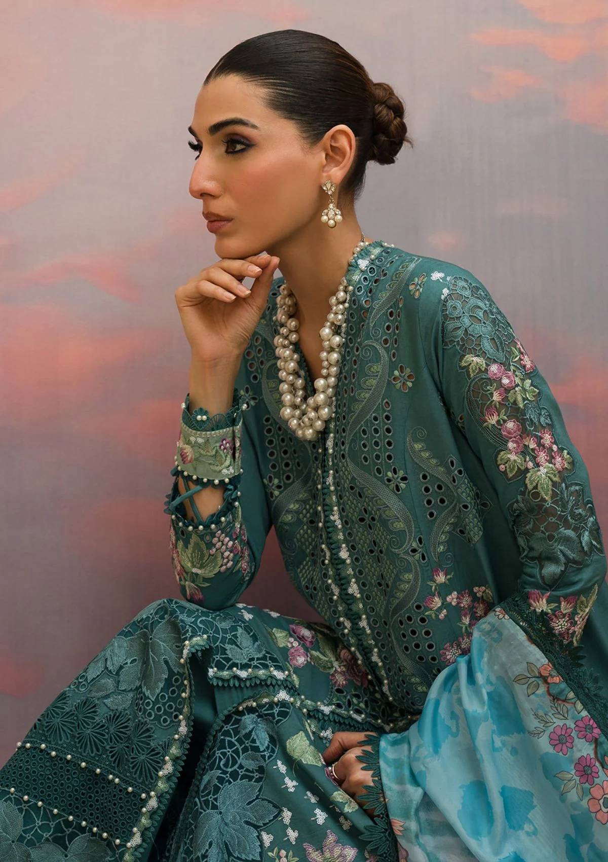AFROZEH - 3PC LAWN EMBROIDERED SHIRT WITH PRINTED CHIFFON EMBROIDERED READY TO WEAR DUPATTA (SYT-427)