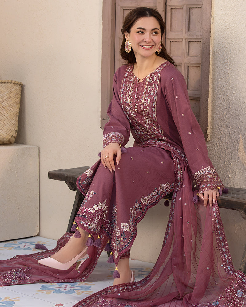 ALLY’S  Unstitched Dhanak 3PC With Embroidered Shawl