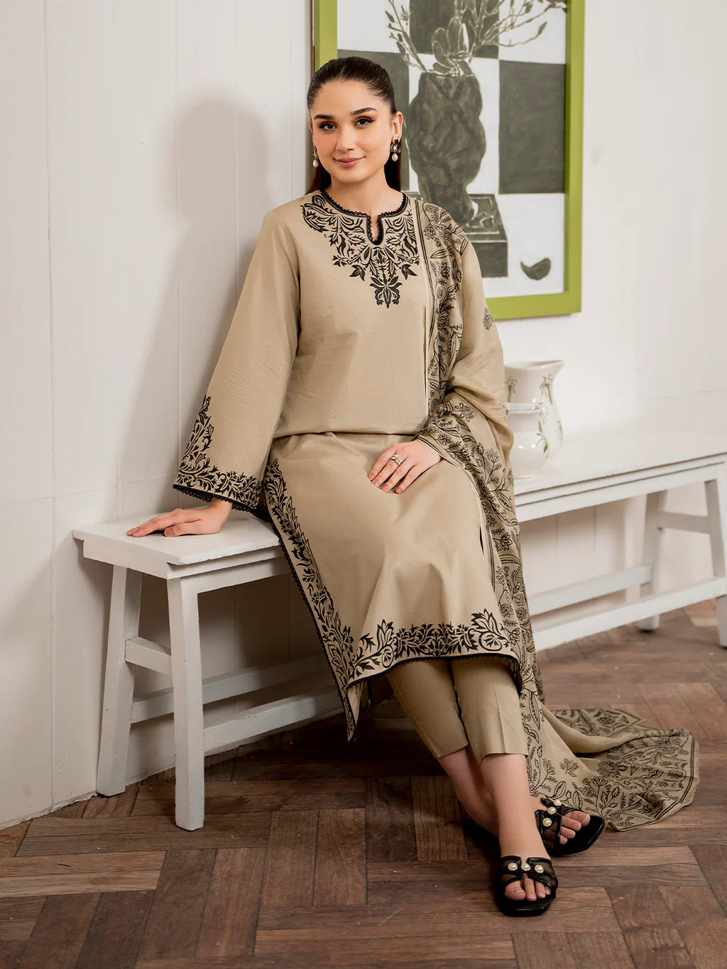 GARNET-3PC DHANAK EMBROIDERED SHIRT WITH COUTRAI PRINT SHAWL AND TROUSER (SYT-218)