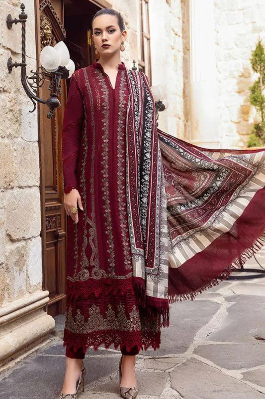 Maria B - 3PC Unstitched Dhanak Embroidered Shirt with Printed Wool Shawl and Trouser