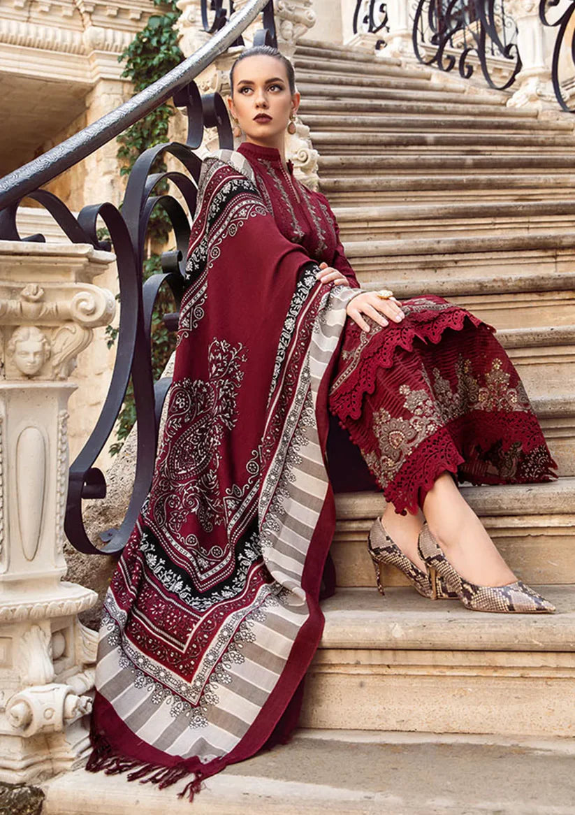 Maria B - 3PC Unstitched Dhanak Embroidered Shirt with Printed Wool Shawl and Trouser