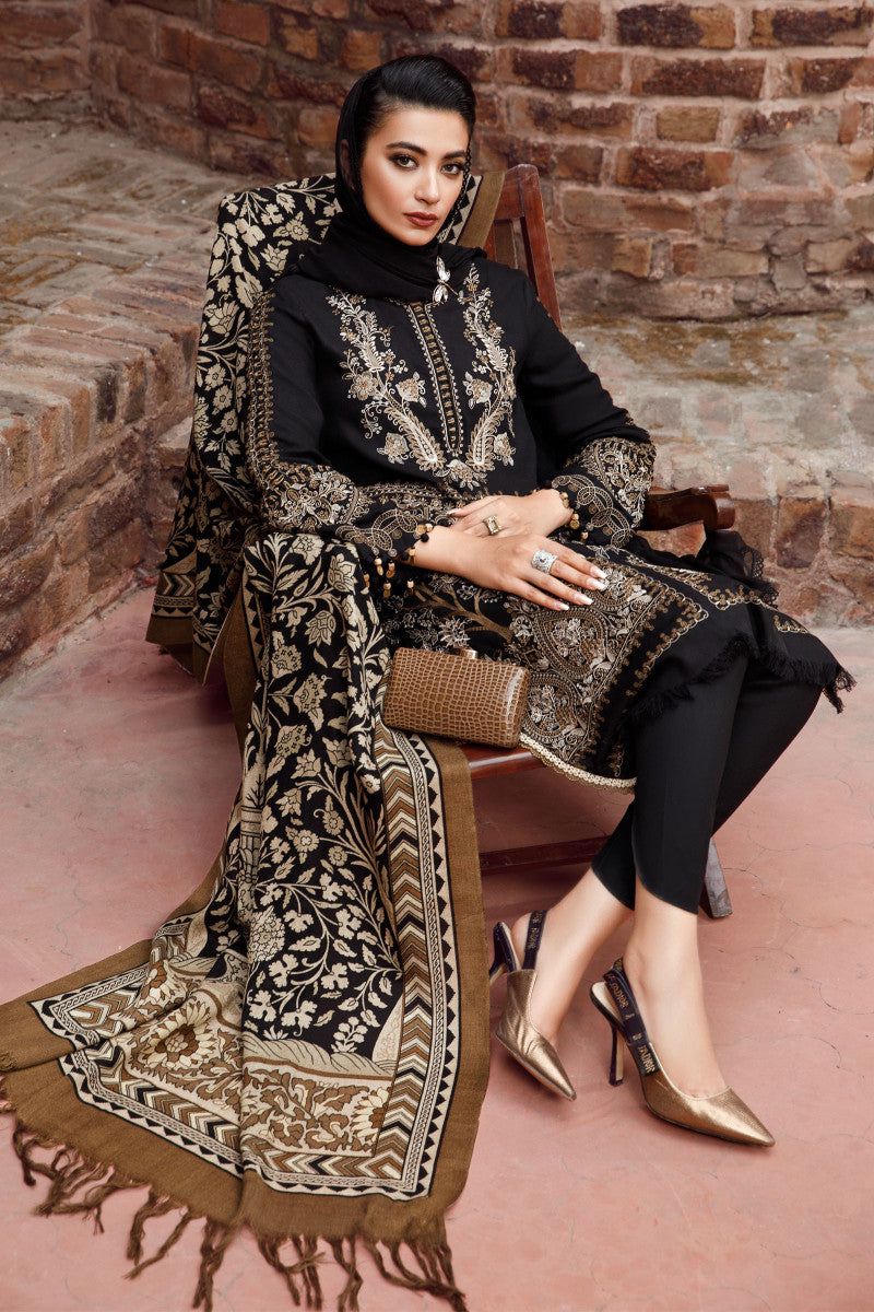 Maria B - 3PC Unstitched Dhanak Embroidered Shirt with Printed Pashmina Wool Shawl and Trouser