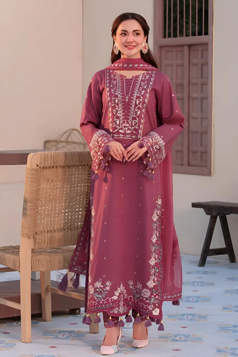 ALLAYS - 3PC LAWN EMBROIDERED SHIRT WITH BAMBER CHIFFON FOUR SIDED EMBROIDERED DUPATTA (SYT-406)