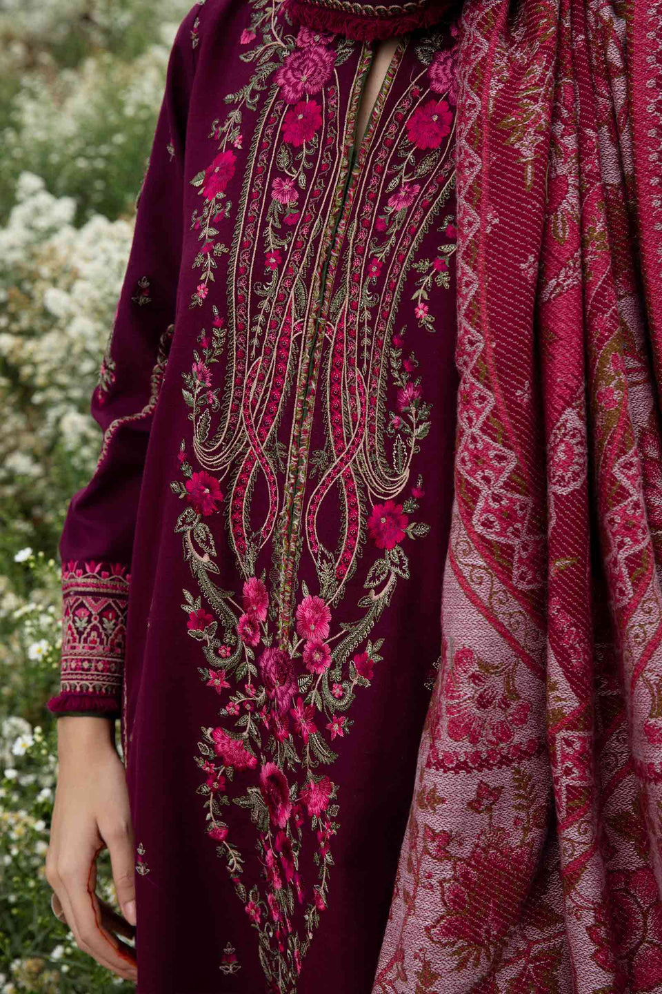 ZARA SHAH JAHAN - 3PC DHANAK EMBROIDERED SHIRT WITH PRINTED SHAWL AND TROUSER