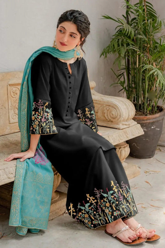 Dyot - 3PC Unstitched Dhanak Embroidered Shirt with Embroidered Trouser & Print Shawl