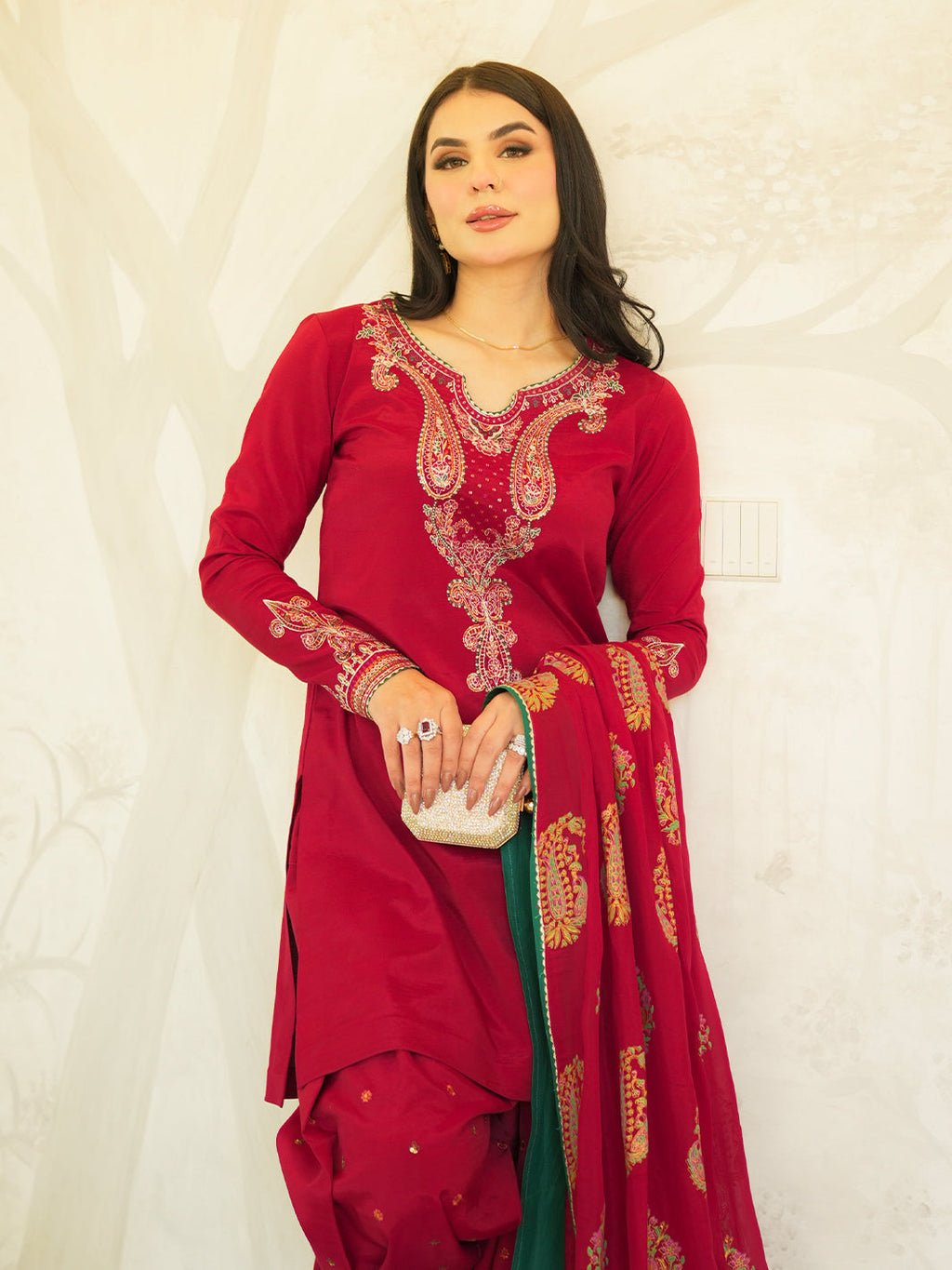 NOOR -E -KHAS Unstitched Dhanak 3PC With Printed Shawl & EMBROIDERED TROUSER