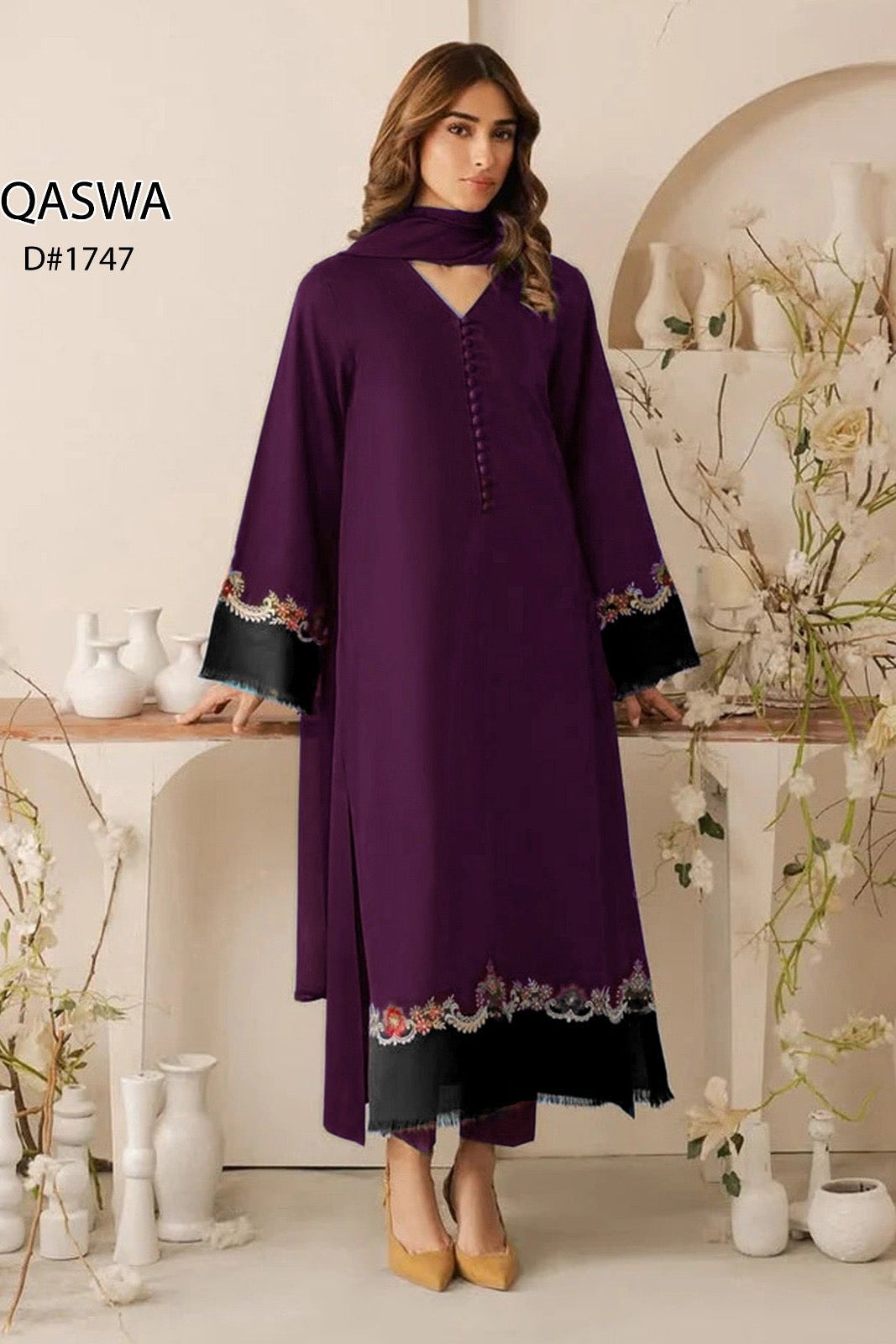 QASWA - 3PC DHANAK EMBROIDERED SHIRT WITH DHANAK SHAWL AND TROUSER (SYT-240B)