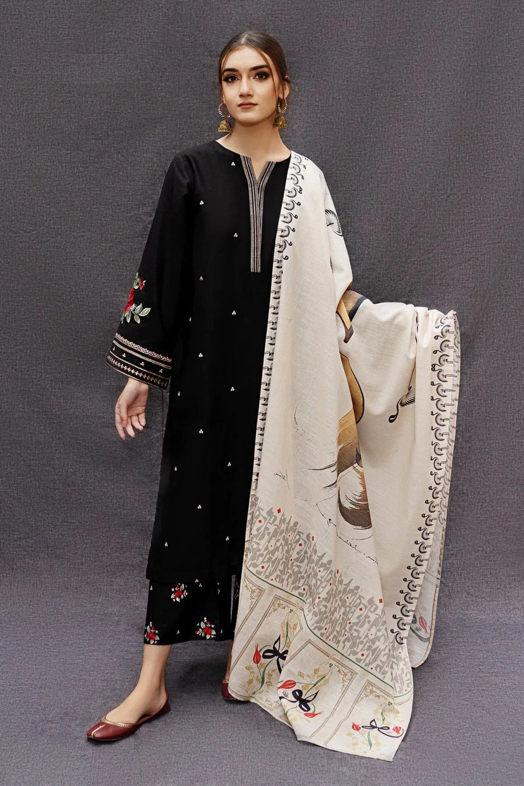URGE-3PC DHANAK EMBROIDERED SHIRT WITH COUTRAI PRINTED SHAWL AND EMB TROUSER (SYT-211)