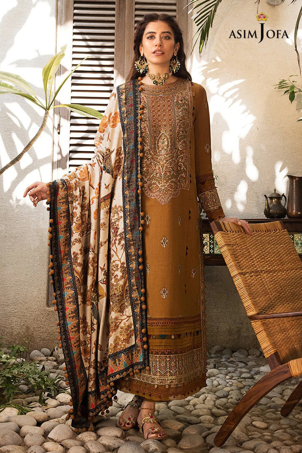 ASIM JOFA-3PC DHANAK EMBROIDERED SHIRT WITH COURTRAI PRINTED SHAWL & TROUSR (SYT-212)