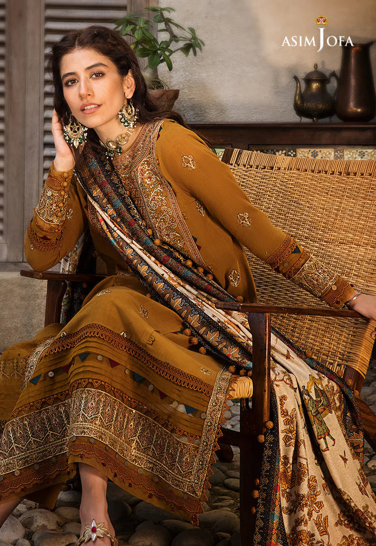 ASIM JOFA-3PC DHANAK EMBROIDERED SHIRT WITH COURTRAI PRINTED SHAWL & TROUSR (SYT-212)