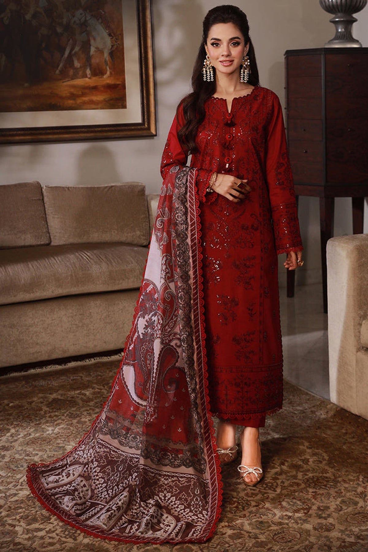 ASIM JOFA-3PC DHANAK SEQUIN EMBROIDRED SHIRT WITH COTRAI PRINTED SHAWL AND TROUSER (SYT-213)