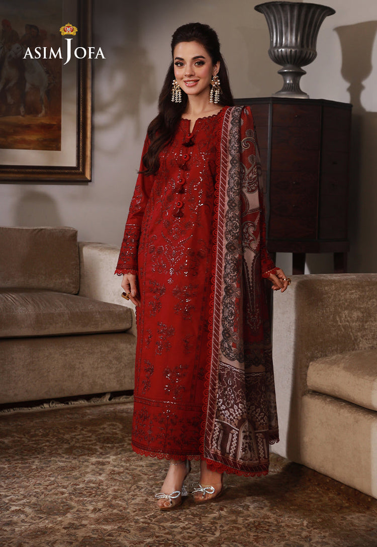 ASIM JOFA-3PC DHANAK SEQUIN EMBROIDRED SHIRT WITH COTRAI PRINTED SHAWL AND TROUSER (SYT-213)