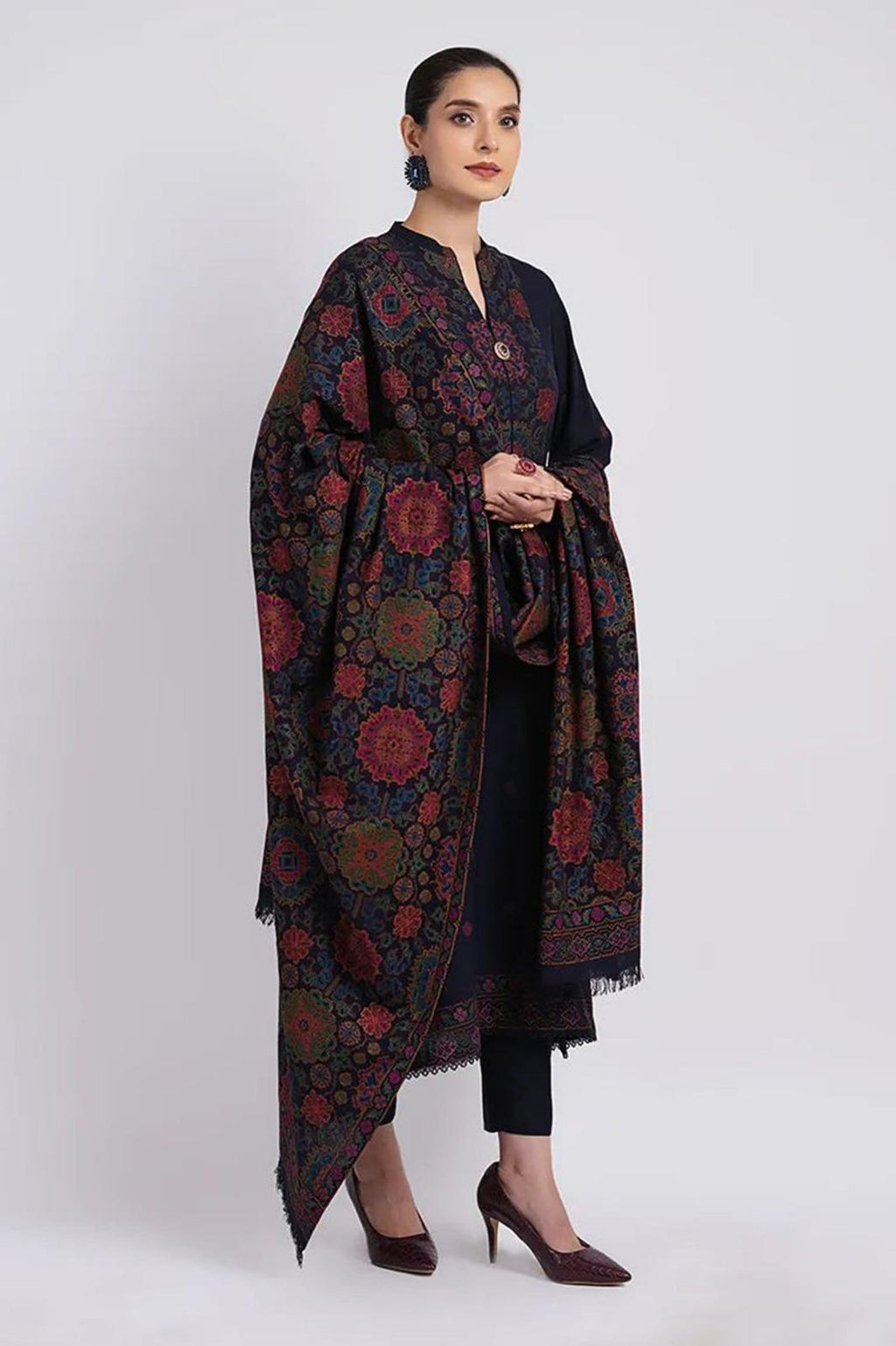 BAREEZE - 3PC DHANAK EMBROIDERED SHIRT WITH DHANAK EMBROIDERED SHAWL AND TROUSER (SYT-231)