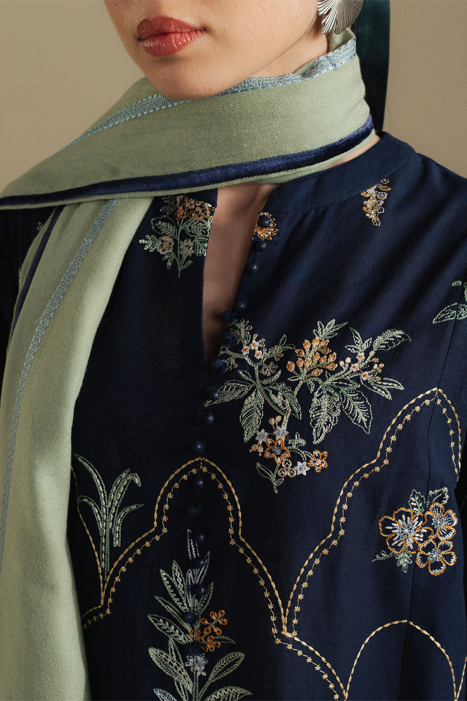 ZARA SHAHJAHAN -3PC DHANAK EMBROIDERED SHIRT WITH COUTRAI PRINT SHAWL AND TROUSER (SYT-232)