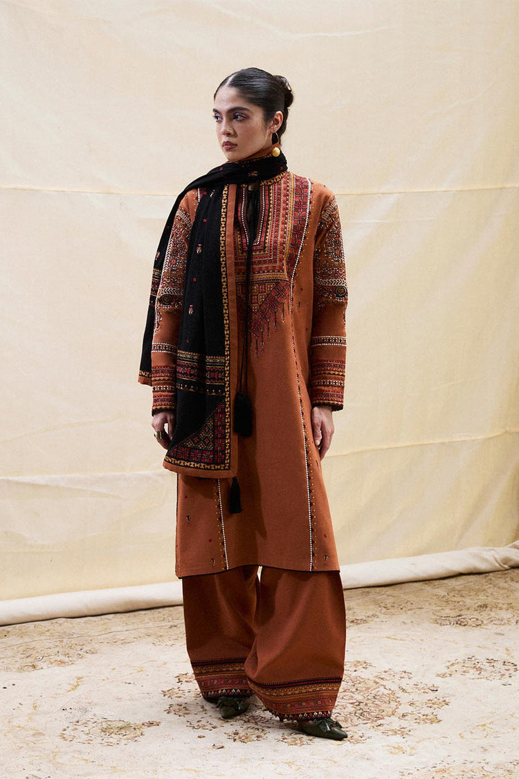 HUSSAIN REHAR -3PC DHANAK EMBROIDERED SHIRT WITH COUTRAI PRINT SHAWL AND TROUSER (SYT-234)