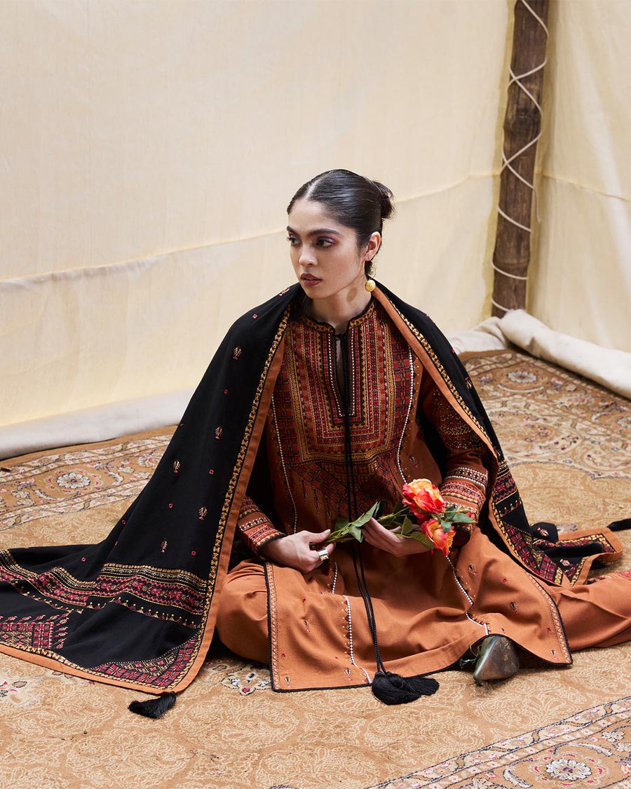 HUSSAIN REHAR -3PC DHANAK EMBROIDERED SHIRT WITH COUTRAI PRINT SHAWL AND TROUSER (SYT-234)