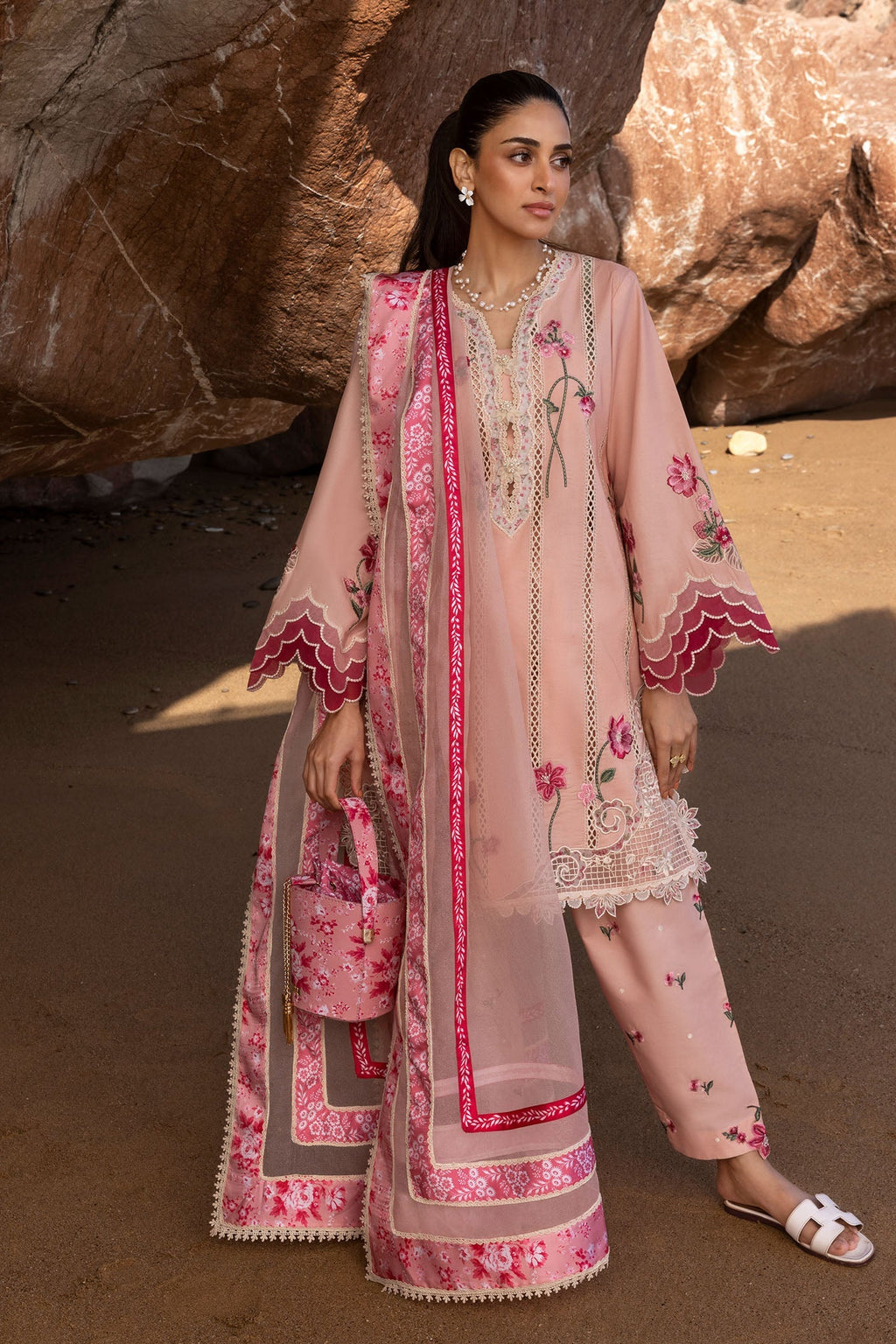 CRIMSON -3PC DHANAK EMBROIDERED SHIRT WITH COUTRAI PRINT SHAWL AND TROUSER (SYT-235)