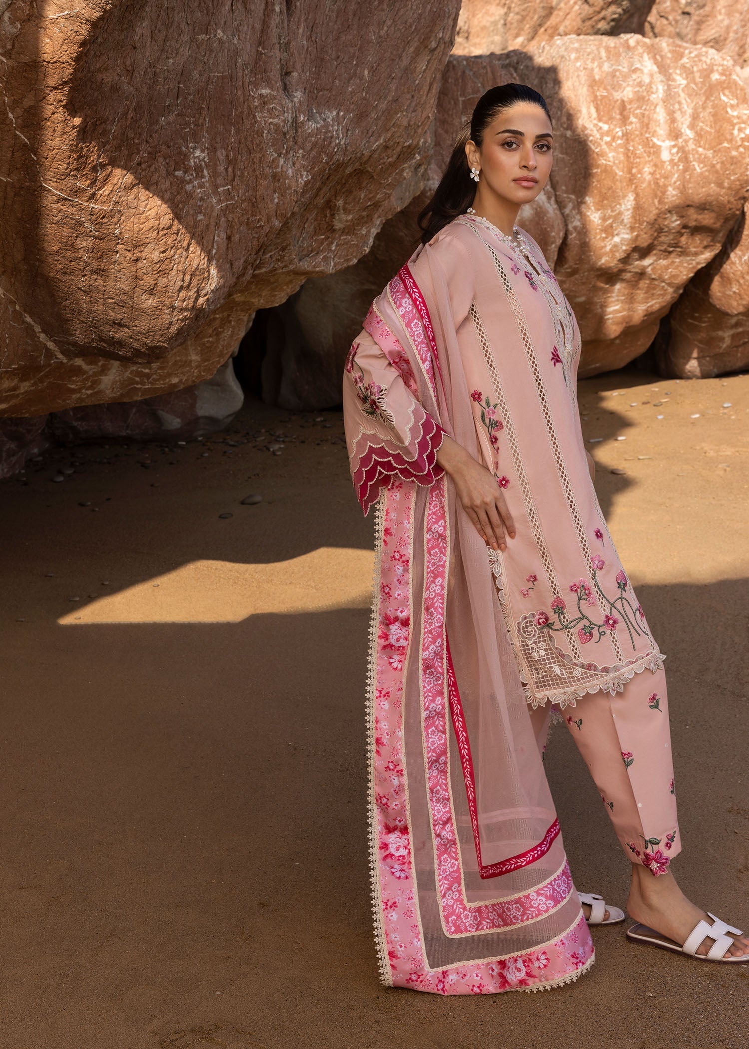 CRIMSON -3PC DHANAK EMBROIDERED SHIRT WITH COUTRAI PRINT SHAWL AND TROUSER (SYT-235)