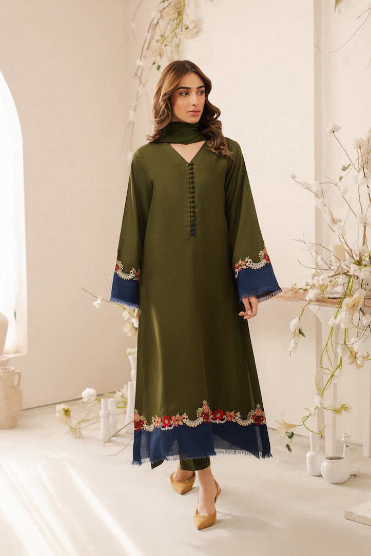 QASWA - 3PC DHANAK EMBROIDERED SHIRT WITH DHANAK SHAWL AND TROUSER (SYT-240)