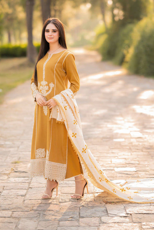LIBAAS WINTER UNSTITCHED EMBROIDERED DHANAK 3PC WITH DHANAK EMBROIDERED SHAWL