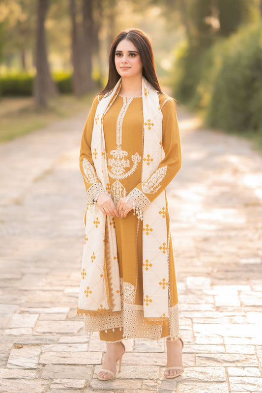 LIBAAS WINTER UNSTITCHED EMBROIDERED DHANAK 3PC WITH DHANAK EMBROIDERED SHAWL