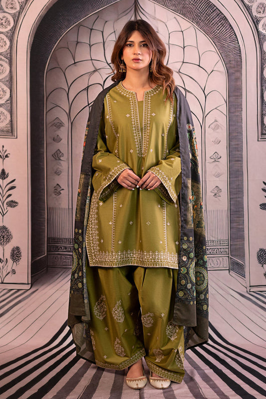 Urge - 3PC Unstitched Dhanak Embroidered Shirt with Printed Wool Shawl and Trouser