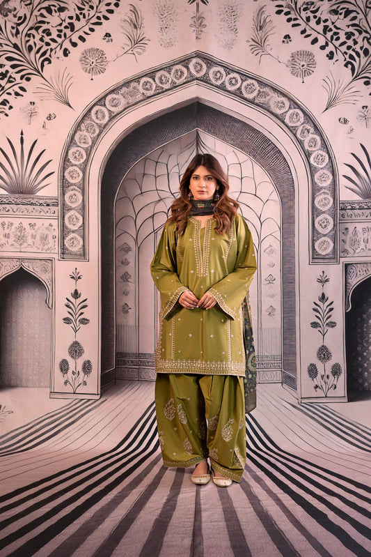 Urge - 3PC Unstitched Dhanak Embroidered Shirt with Printed Wool Shawl and Trouser
