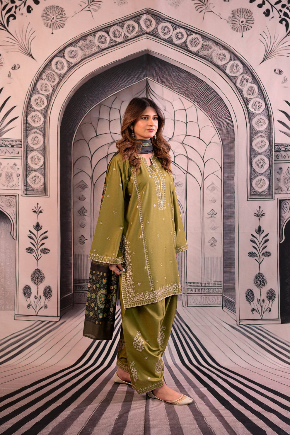 Urge - 3PC Unstitched Dhanak Embroidered Shirt with Printed Wool Shawl and Trouser