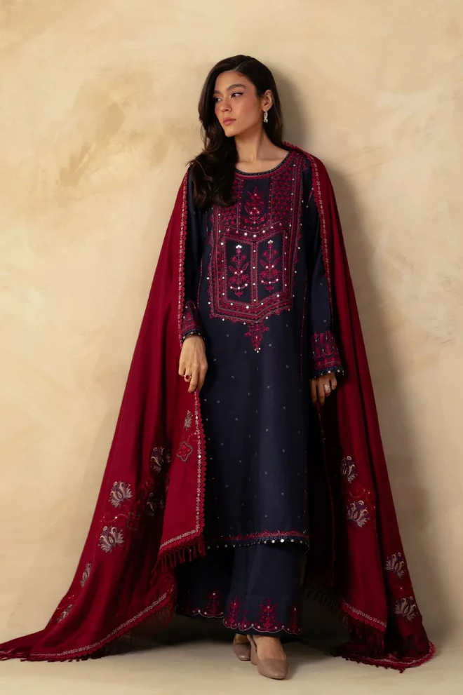 Zara Shah Jahan - 3PC Unstitched Dhanak Sequence Embroidered Shirt with Embroidered Dhanak Shawl and Trouser