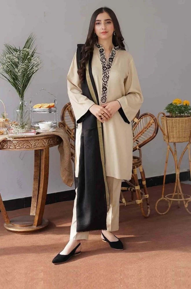 Aisling - 3PC Unstitched Dhanak Embroidered Shirt with Dhanak Patti Work Shawl and Trouser