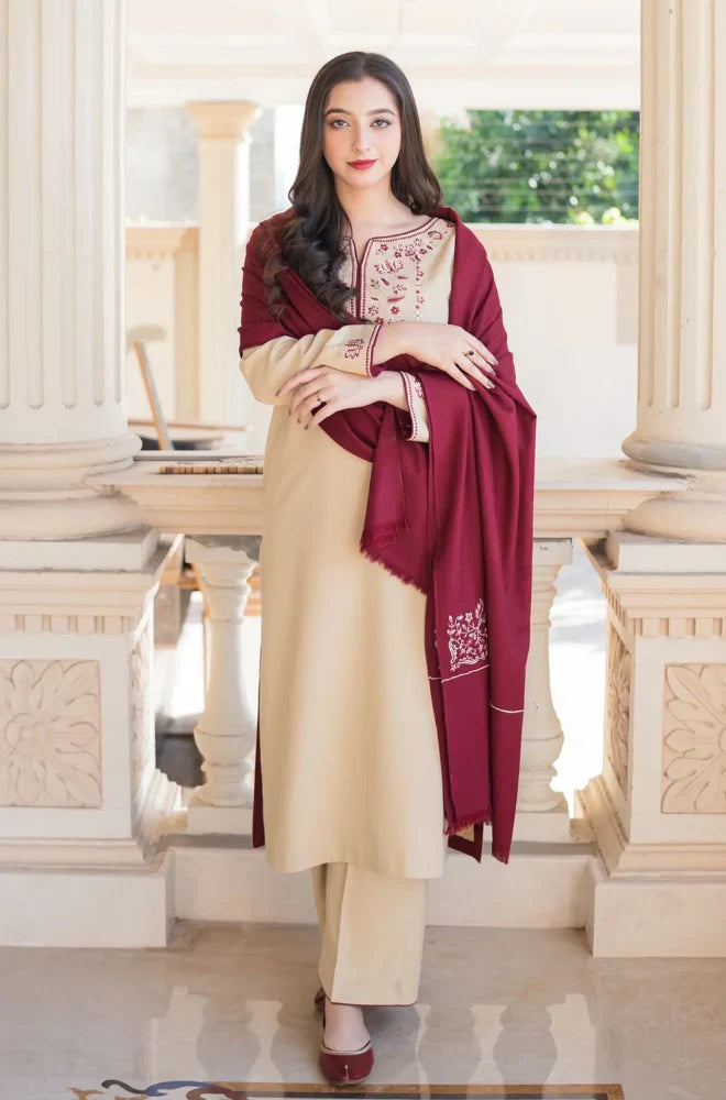 Aisling - 3PC Unstitched Dhanak Embroidered Shirt with Dhanak Embroidered Shawl and Trouser