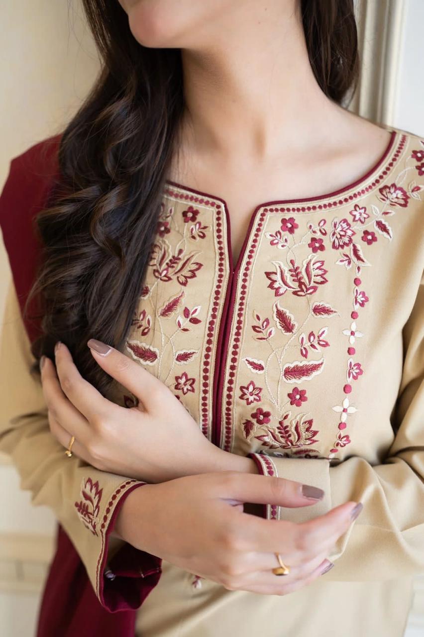 Aisling - 3PC Unstitched Dhanak Embroidered Shirt with Dhanak Embroidered Shawl and Trouser