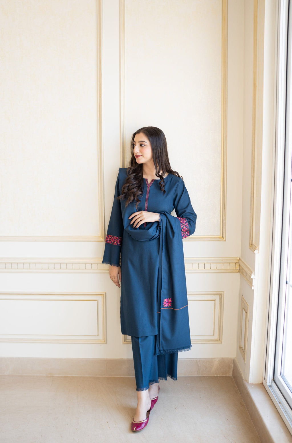 Aisling - 3PC Unstitched Dhanak Embroidered Shirt with Dhanak Embroidered Shawl and Trouser