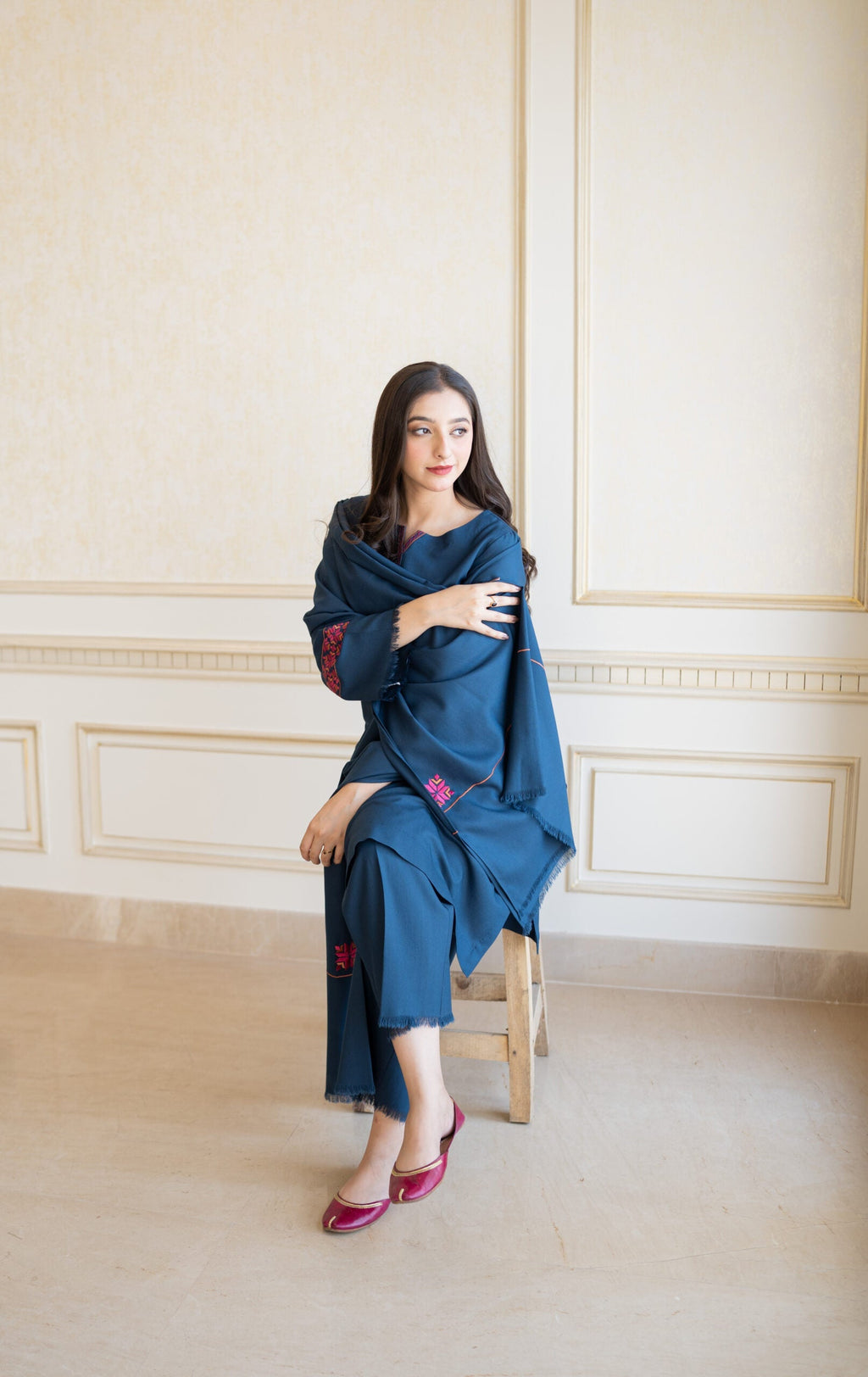 Aisling - 3PC Unstitched Dhanak Embroidered Shirt with Dhanak Embroidered Shawl and Trouser